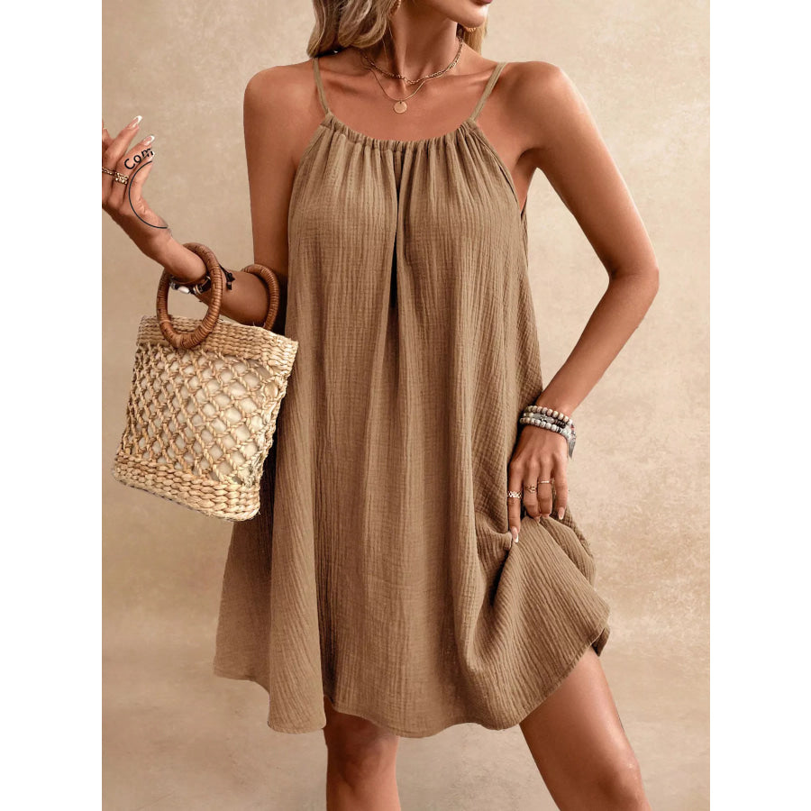 Casual Spaghetti Strap Gauze Dress Light Brown / S Apparel and Accessories