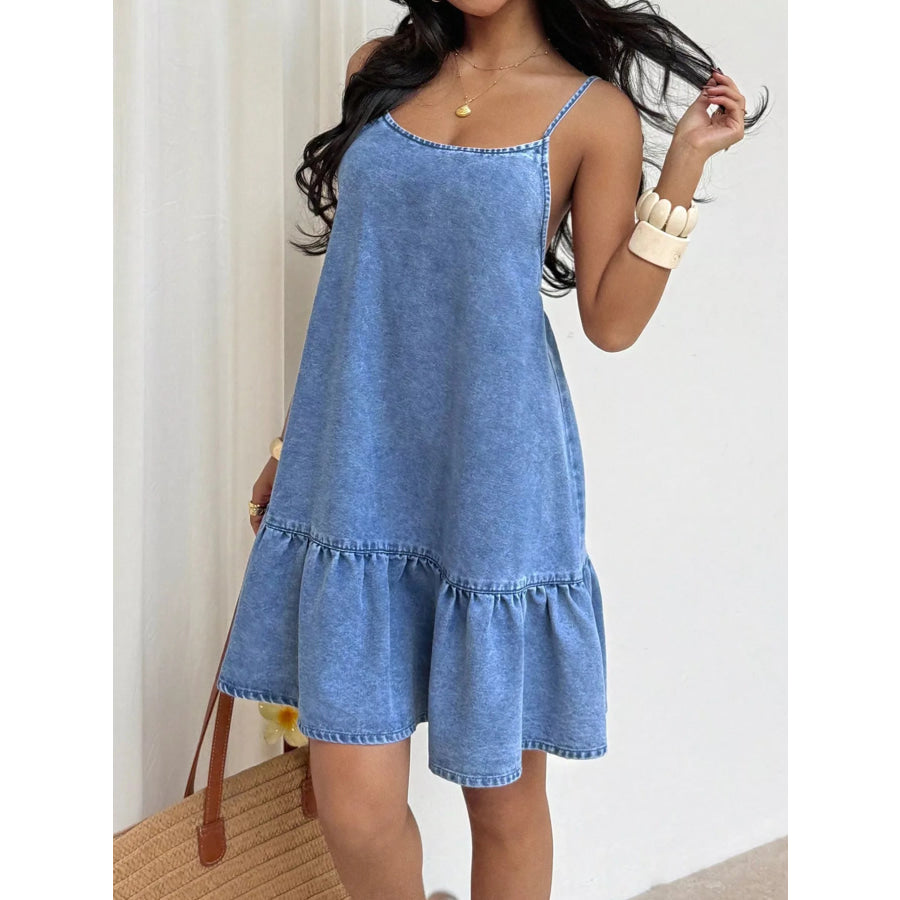 Casual Spaghetti Strap Ruffle Hem Denim Dress Blue / XS Apparel and Accessories