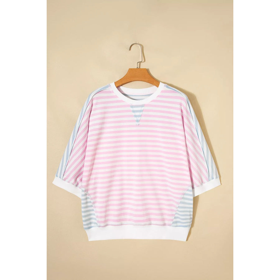 Casual Stripe Oversize Dolman Sleeve Patchwork T Shirt Apparel and Accessories
