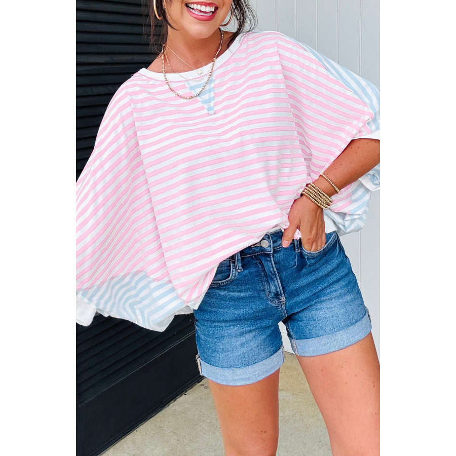 Casual Stripe Oversize Dolman Sleeve Patchwork T Shirt Red Stripe / S / 95% Cotton + 5% Elastane Tops/Tops & Tees