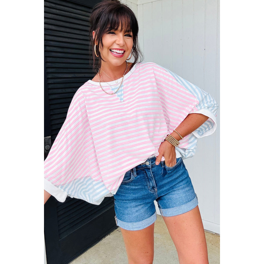 Casual Stripe Oversize Dolman Sleeve Patchwork T Shirt Tops/Tops & Tees