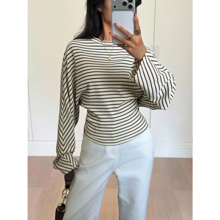 Casual Striped Batwing Sleeve T-Shirt Brown-spot / S Apparel and Accessories