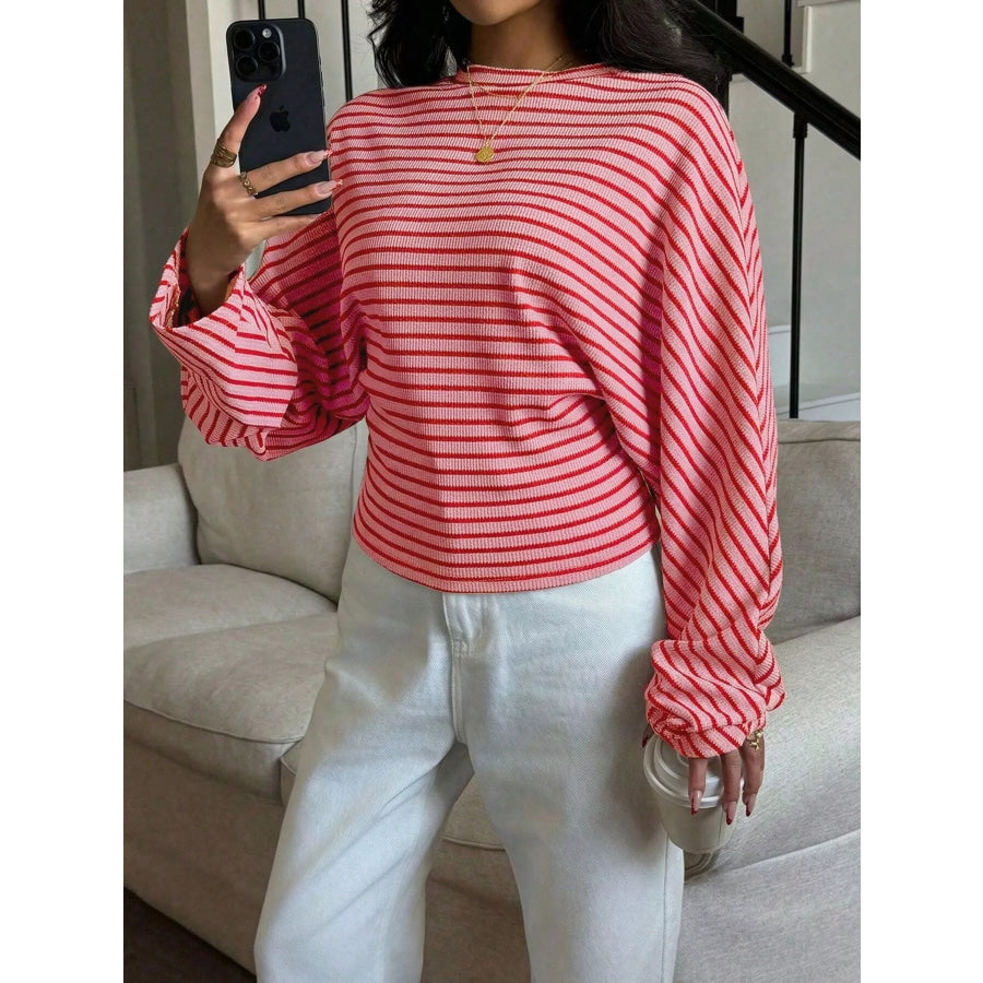 Casual Striped Batwing Sleeve T-Shirt Pink-spot / S Apparel and Accessories