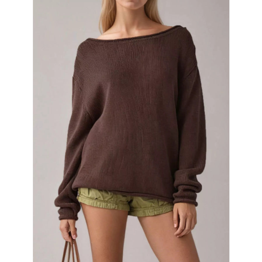 Casual Striped Boat Neck Sweater Coffee Brown / S Apparel and Accessories