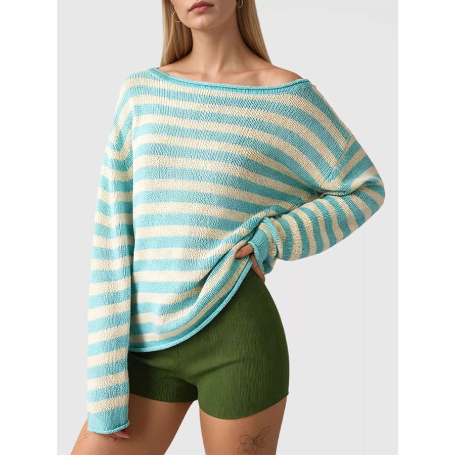 Casual Striped Boat Neck Sweater Pastel Blue / S Apparel and Accessories
