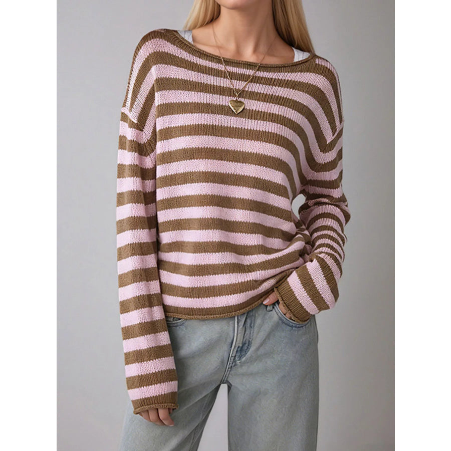 Casual Striped Boat Neck Sweater Taupe / S Apparel and Accessories