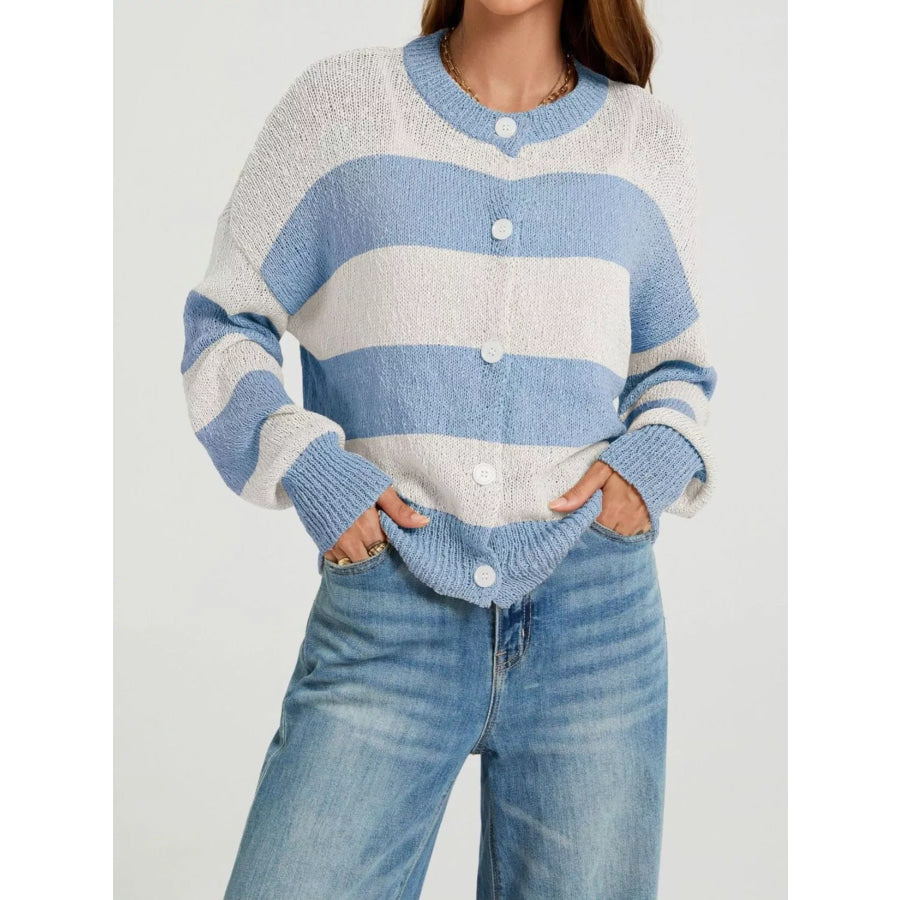 Casual Striped Button-Down Knit Cardigan Blue / S Apparel and Accessories
