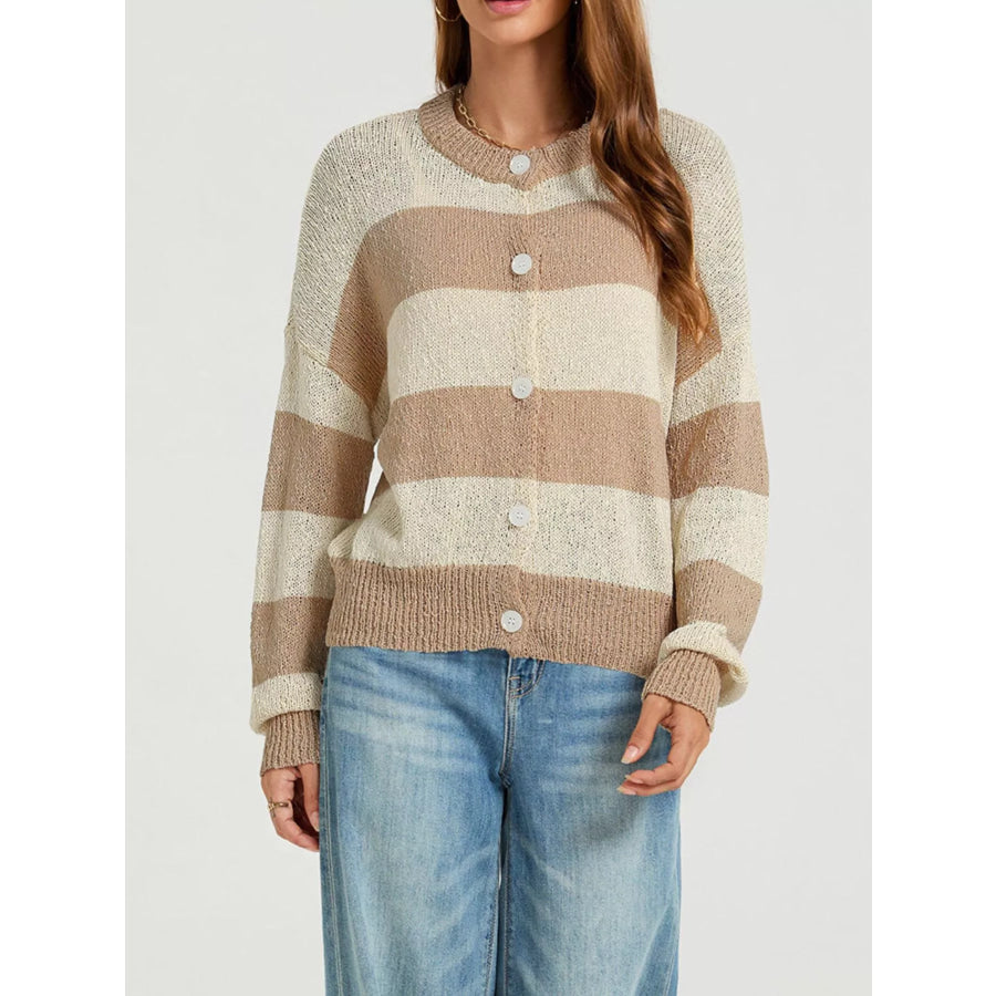 Casual Striped Button-Down Knit Cardigan Khaki / S Apparel and Accessories
