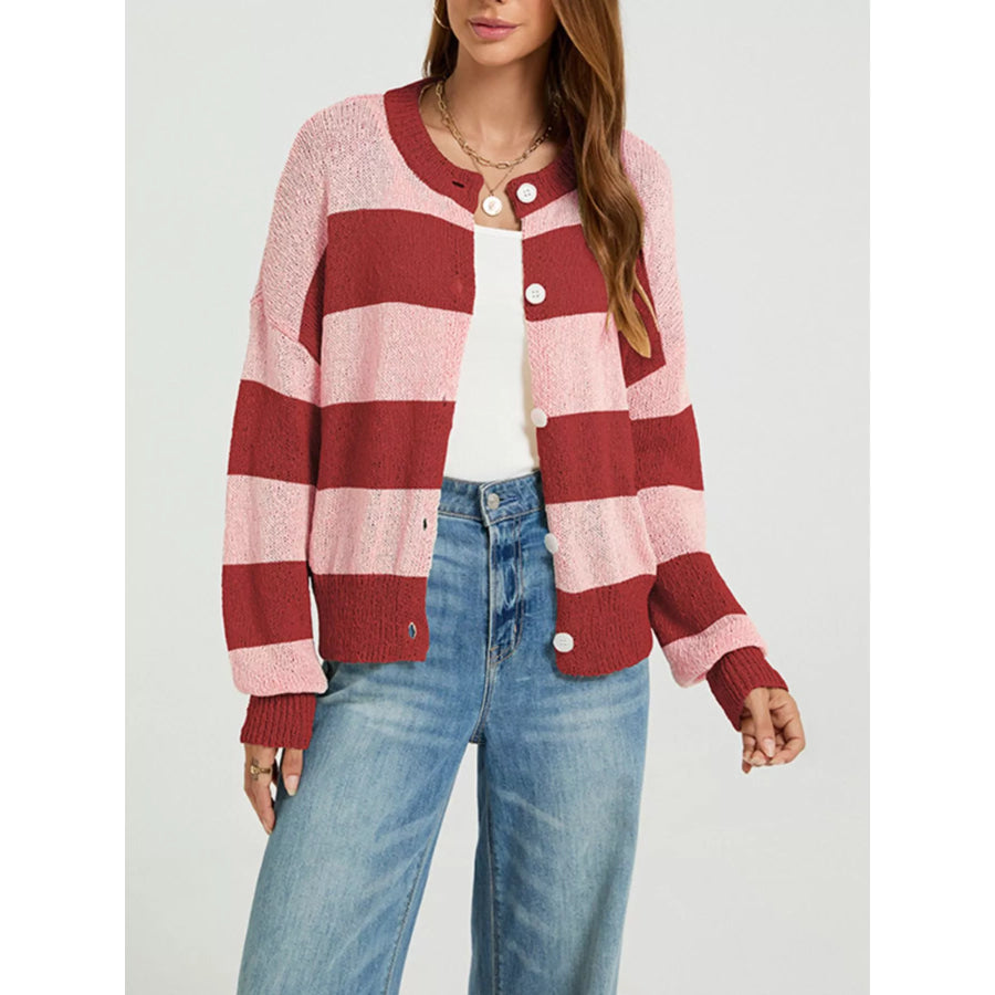 Casual Striped Button-Down Knit Cardigan Red / S Apparel and Accessories