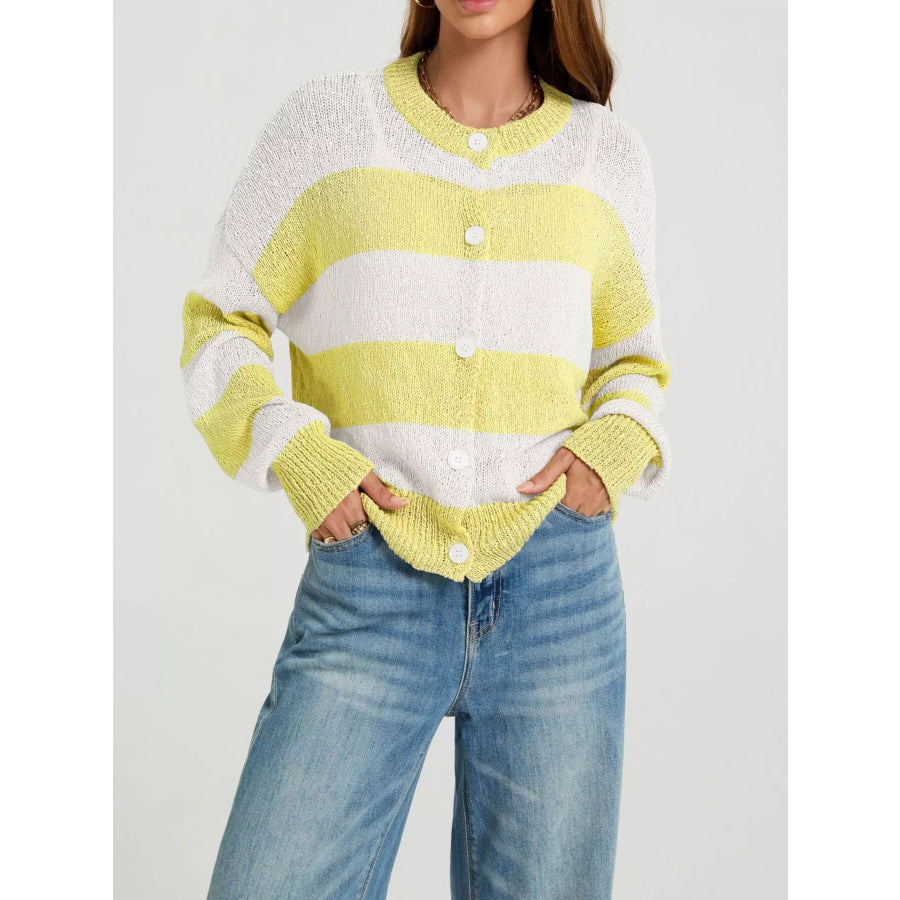 Casual Striped Button-Down Knit Cardigan Yellow / S Apparel and Accessories
