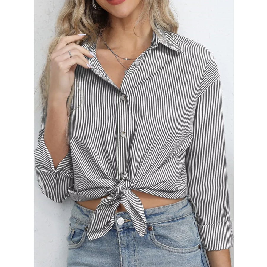 Casual Striped Button-Down Shirt Black / S Apparel and Accessories