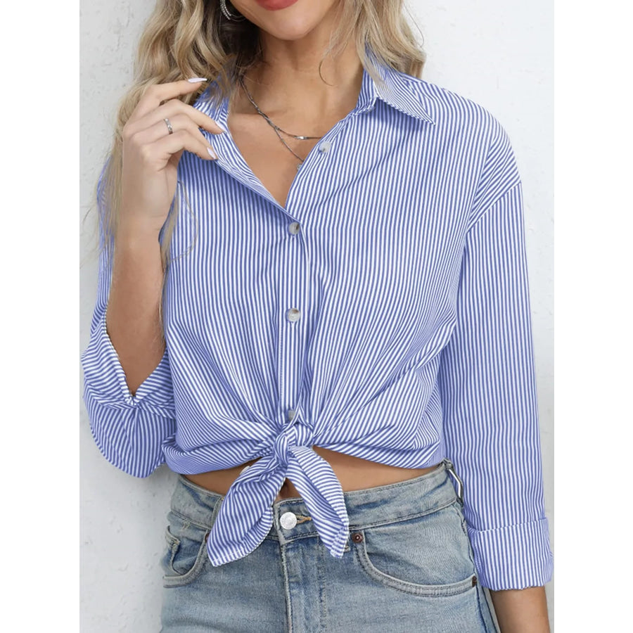 Casual Striped Button-Down Shirt Blue / S Apparel and Accessories
