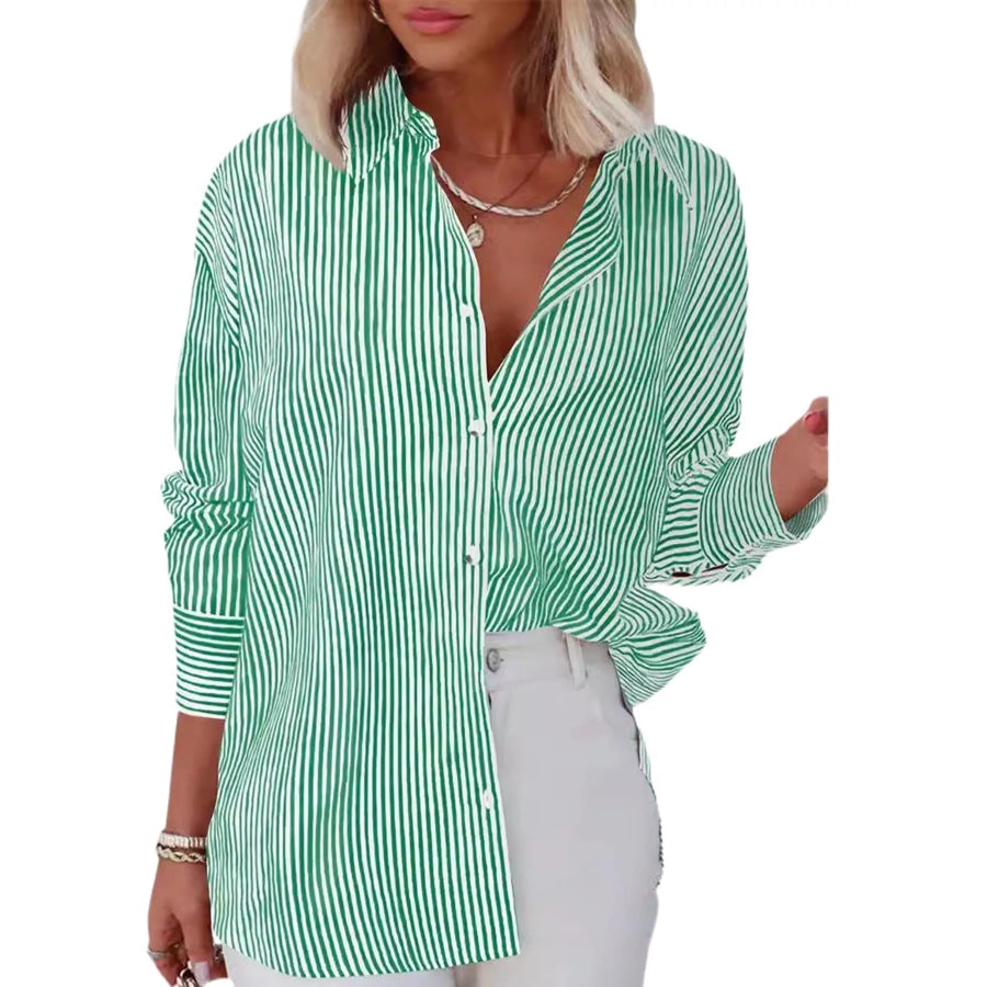 Casual Striped Button-Down Shirt Green / S Apparel and Accessories