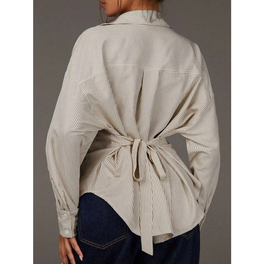 Casual Striped Button-Down Shirt Khaki / S Apparel and Accessories