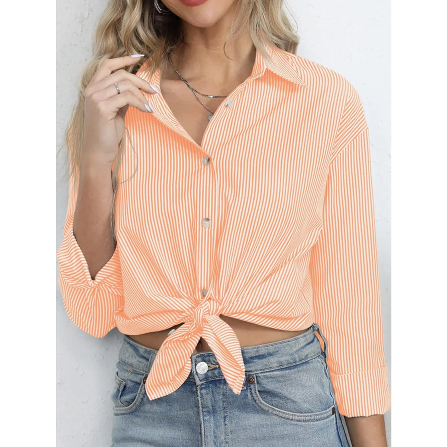 Casual Striped Button-Down Shirt Orange / S Apparel and Accessories