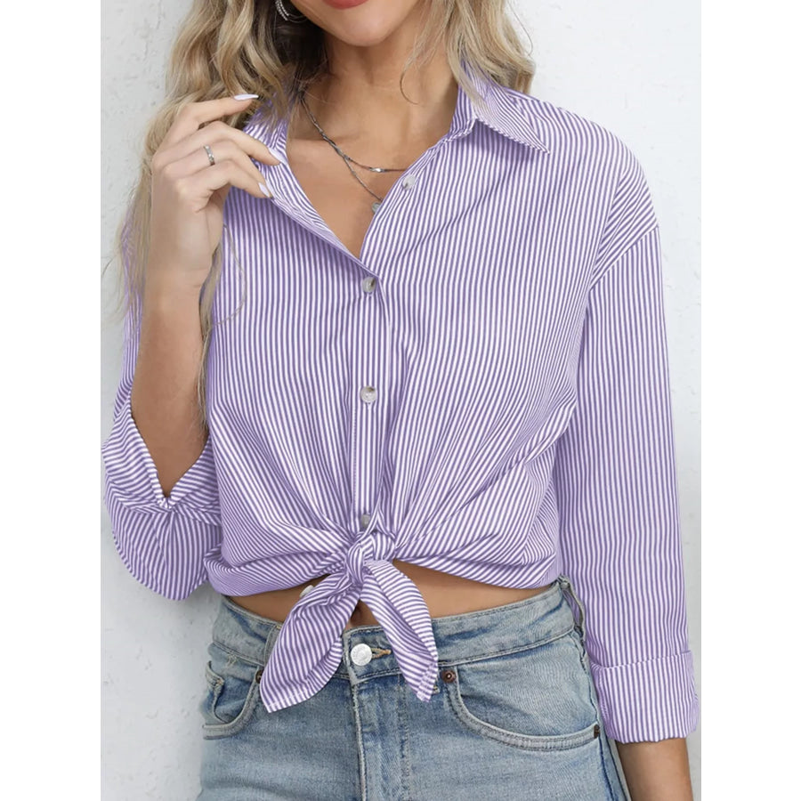 Casual Striped Button-Down Shirt Purple / S Apparel and Accessories