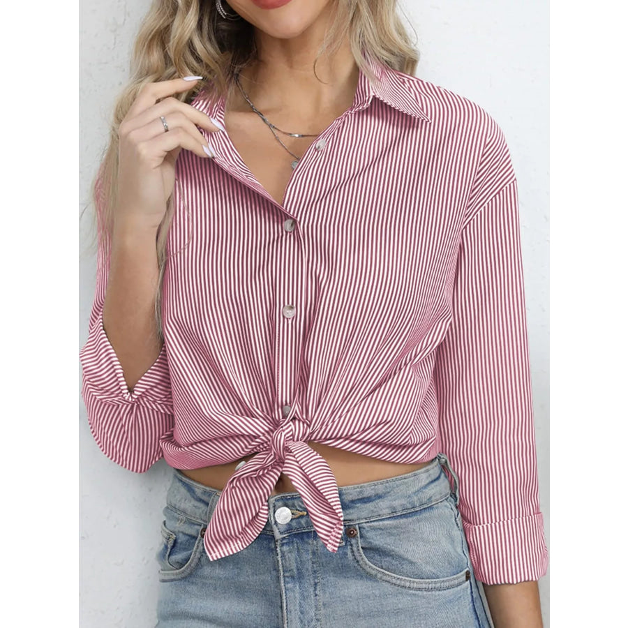 Casual Striped Button-Down Shirt Red / S Apparel and Accessories