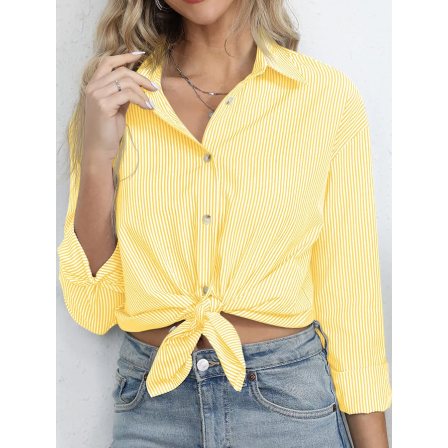 Casual Striped Button-Down Shirt Yellow / S Apparel and Accessories
