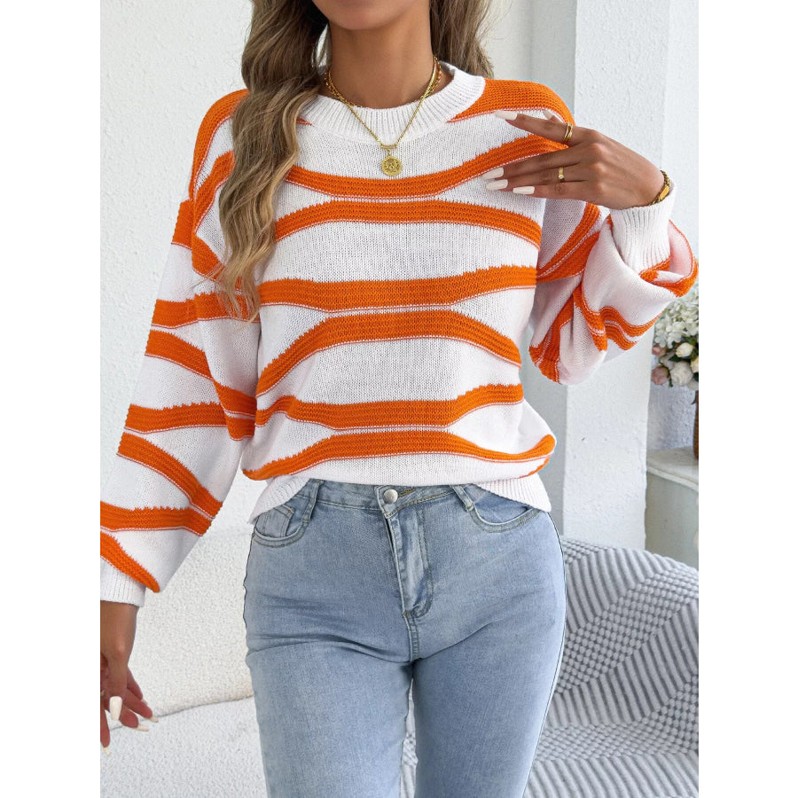 Casual Striped Crew Neck Sweater Orange / S Apparel and Accessories