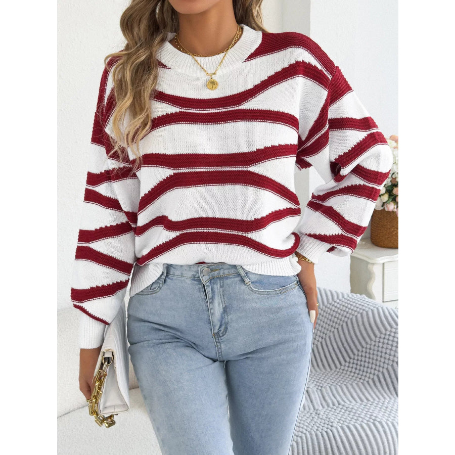 Casual Striped Crew Neck Sweater Wine Red / S Apparel and Accessories