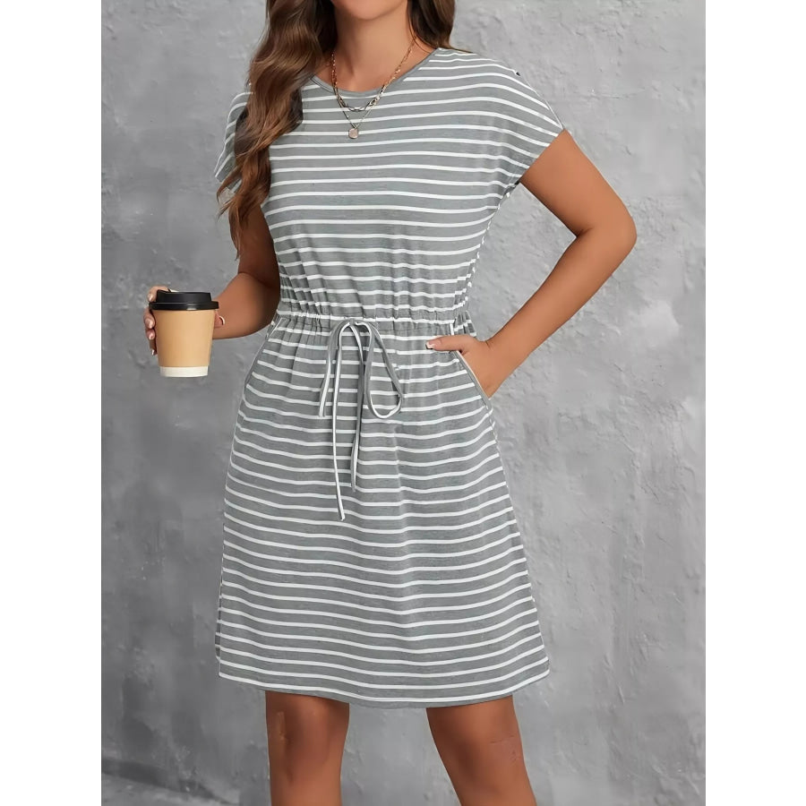 Casual Striped Drawstring Waist Dress Gray / S Apparel and Accessories