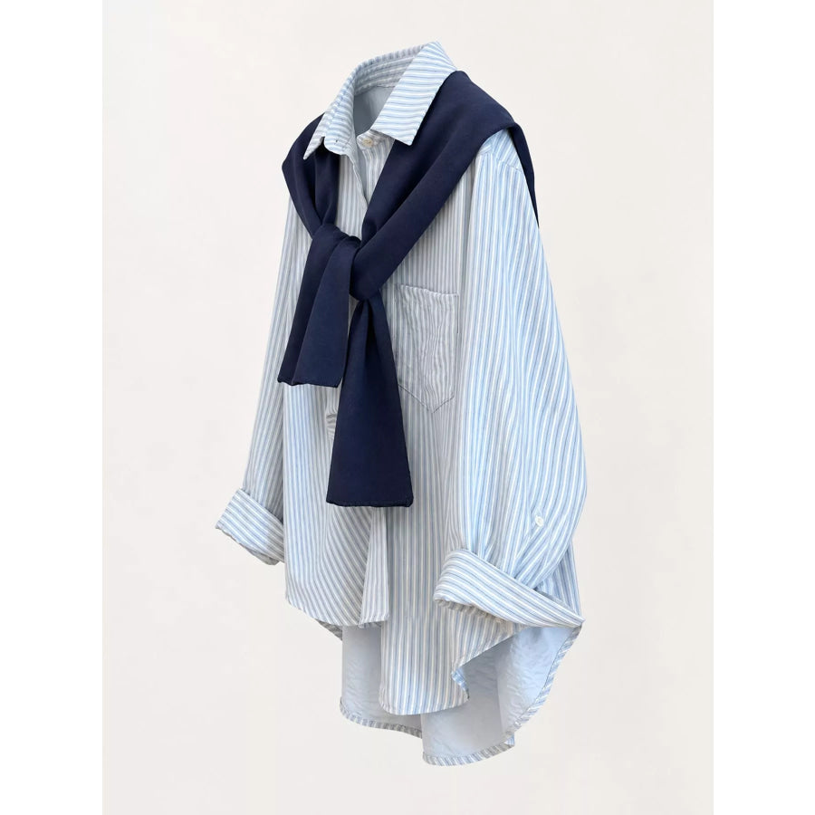 Casual Striped High-Low Shirt with Knit Shawl Apparel and Accessories