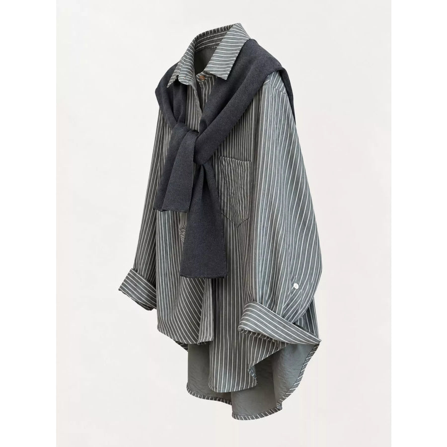 Casual Striped High-Low Shirt with Knit Shawl Apparel and Accessories