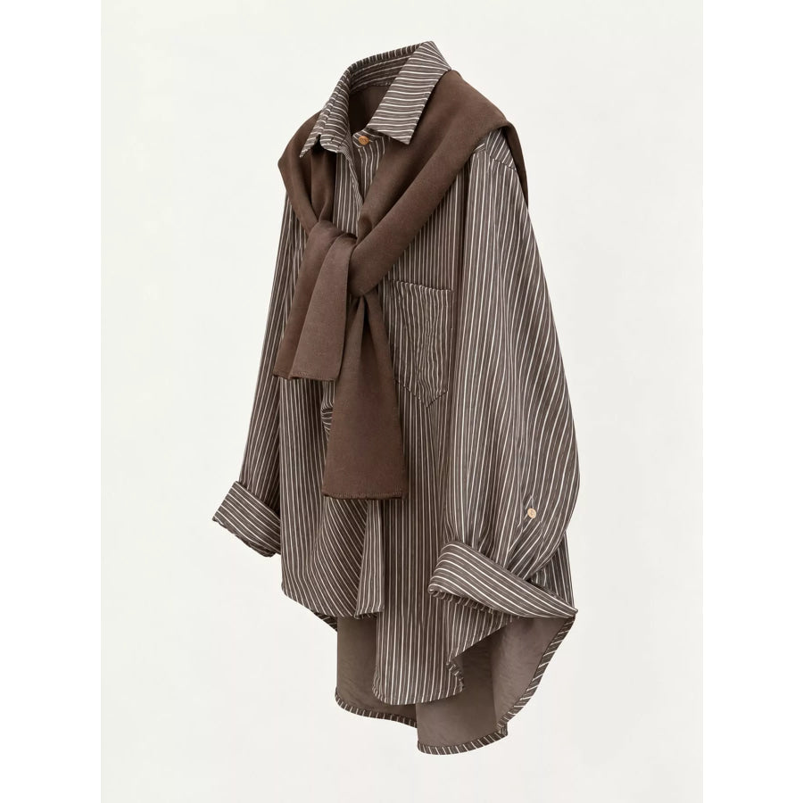 Casual Striped High-Low Shirt with Knit Shawl Apparel and Accessories