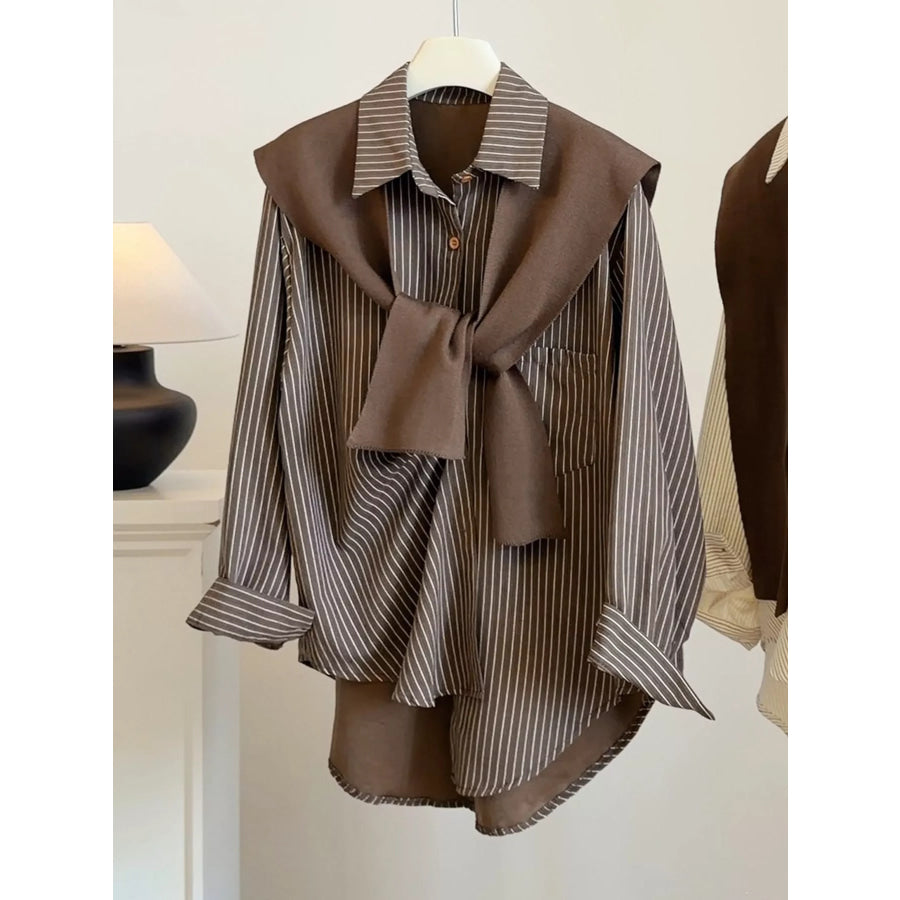 Casual Striped High-Low Shirt with Knit Shawl Apparel and Accessories