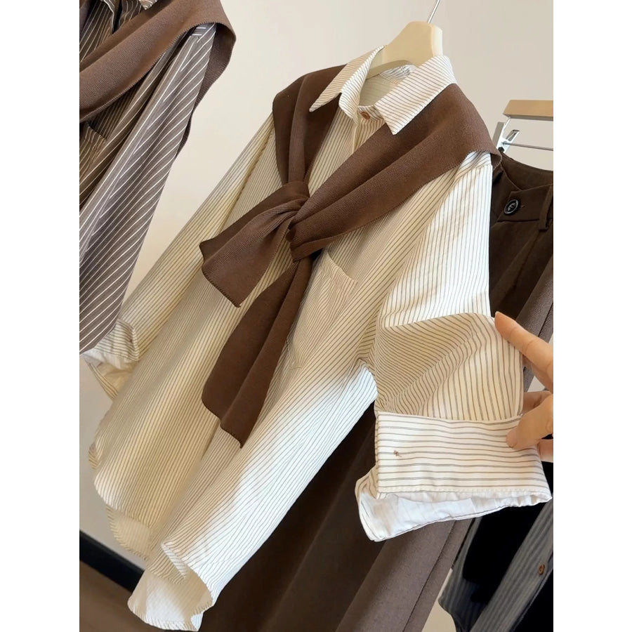 Casual Striped High-Low Shirt with Knit Shawl Apricot And Coffee-Shawl / One Size Apparel Accessories
