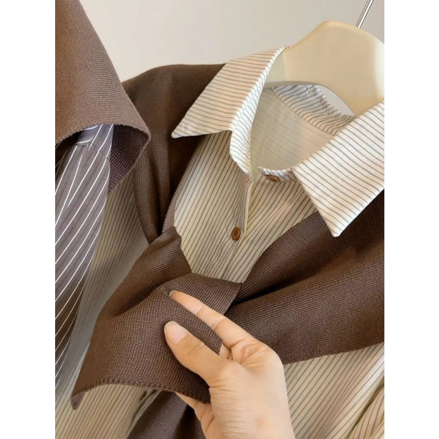 Casual Striped High-Low Shirt with Knit Shawl Coffee And Coffee-Shawl / One Size Apparel Accessories