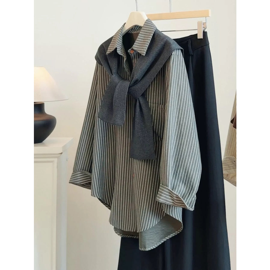 Casual Striped High-Low Shirt with Knit Shawl Gray And Gray-Shawl / One Size Apparel Accessories