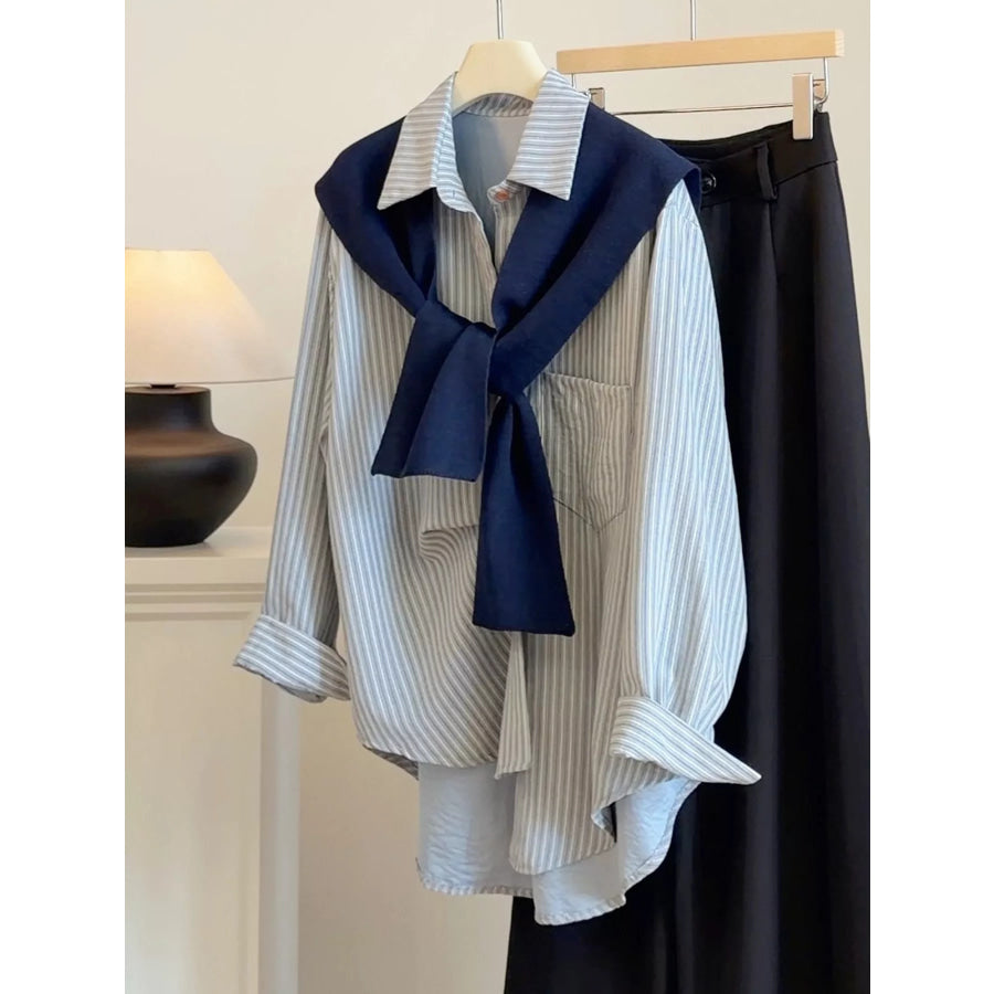 Casual Striped High-Low Shirt with Knit Shawl Light Blue And Navy-Shawl / One Size Apparel Accessories
