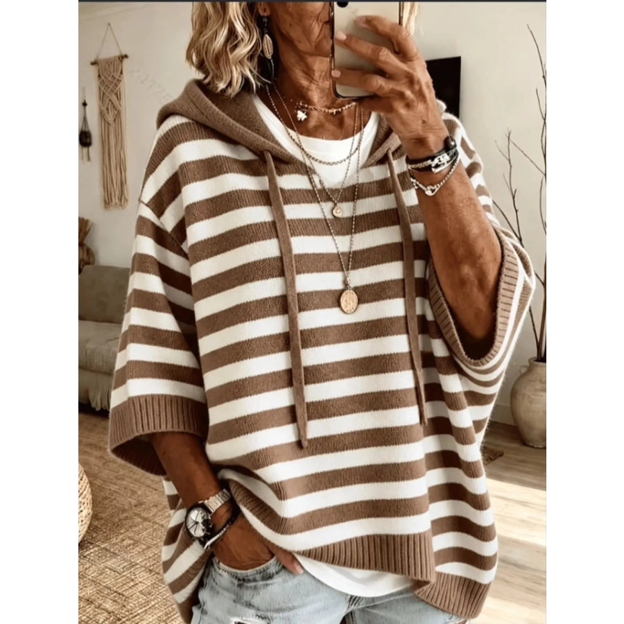 Casual Striped Hooded Knit Sweater Dark Brown / S