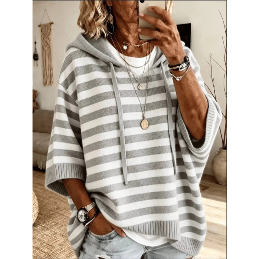 Casual Striped Hooded Knit Sweater Gray / S