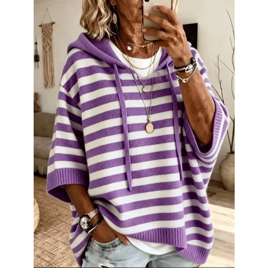 Casual Striped Hooded Knit Sweater Purple / S