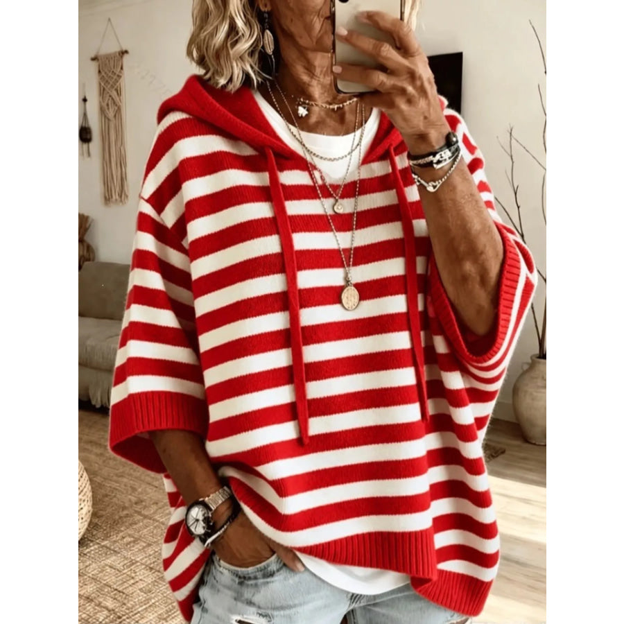 Casual Striped Hooded Knit Sweater Red / S