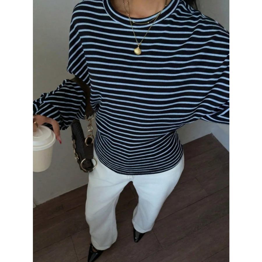 Casual Striped Long Sleeve Batwing T-Shirt Blue / S