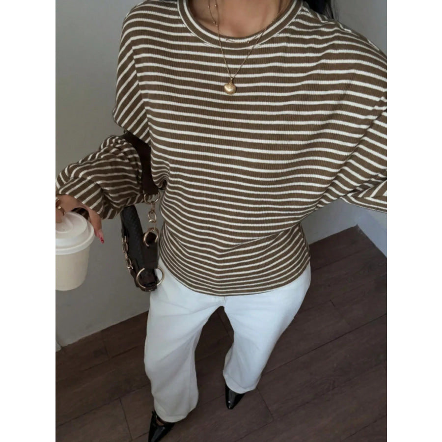 Casual Striped Long Sleeve Batwing T-Shirt Brown / S