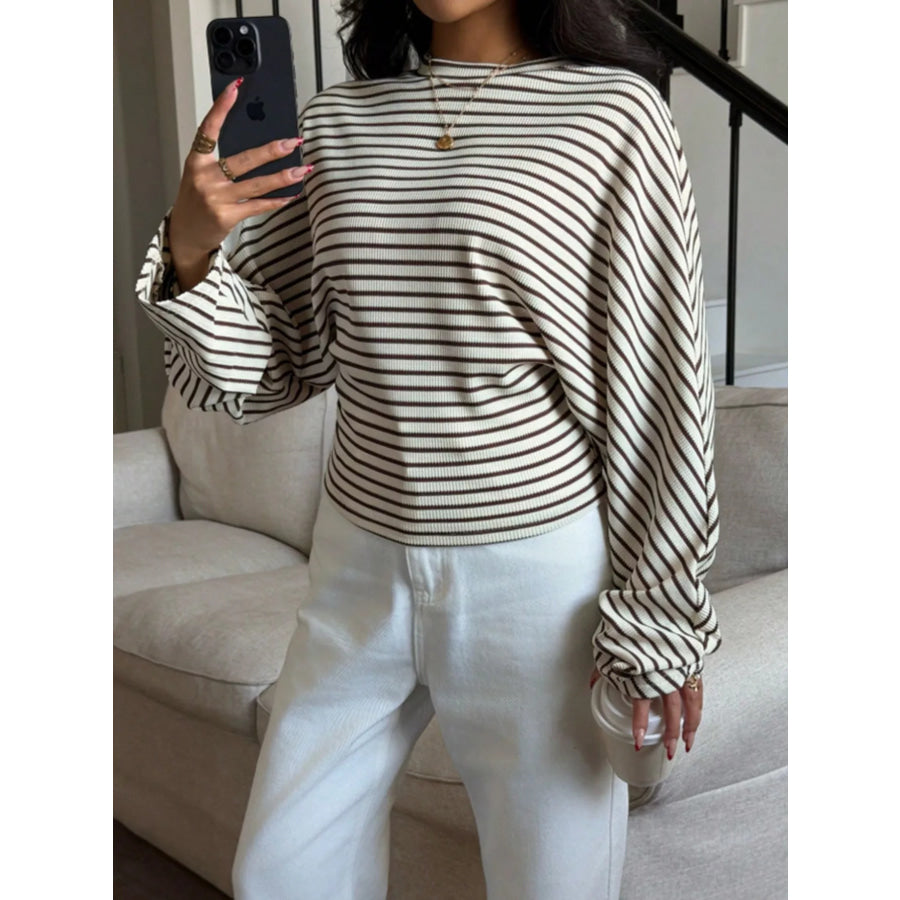 Casual Striped Long Sleeve Batwing T-Shirt Off-white / S