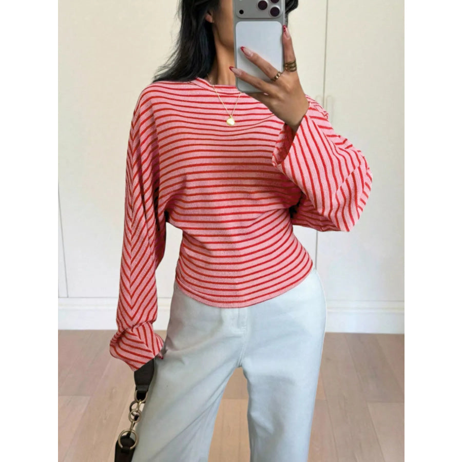 Casual Striped Long Sleeve Batwing T-Shirt Pink / S
