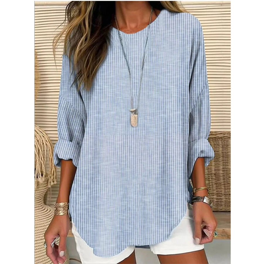 Casual Striped Long Sleeve Blouse Light Blue / S Apparel and Accessories