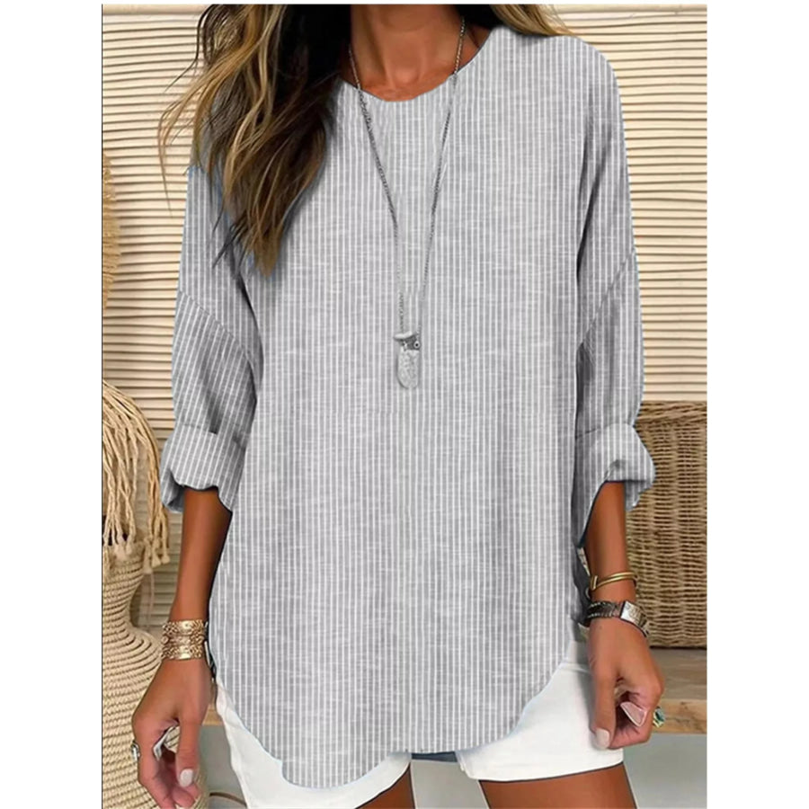 Casual Striped Long Sleeve Blouse Light Gray / S Apparel and Accessories