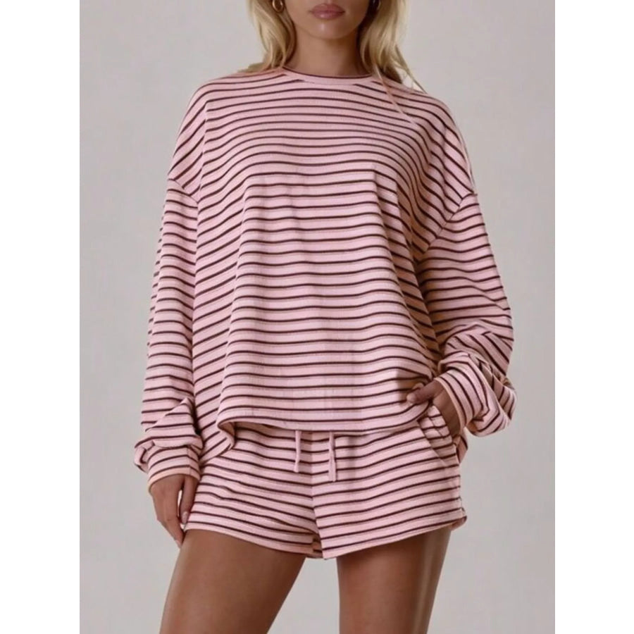 Casual Striped Long-Sleeve Top and Shorts Set Apparel and Accessories