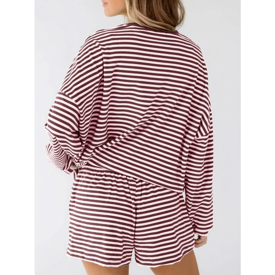 Casual Striped Long Sleeve Top and Shorts Set Apparel and Accessories