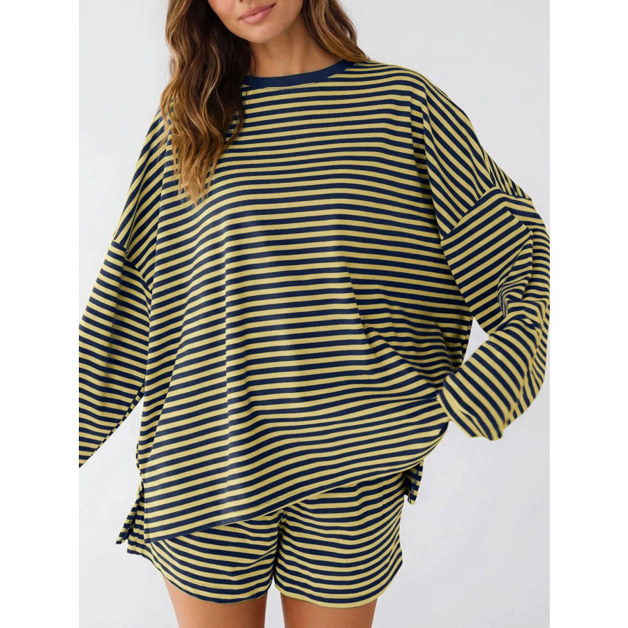 Casual Striped Long Sleeve Top and Shorts Set Apparel and Accessories