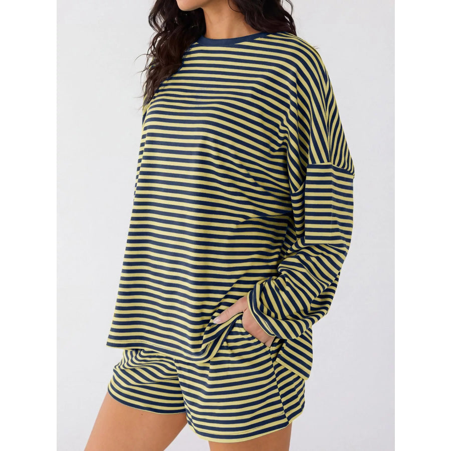 Casual Striped Long Sleeve Top and Shorts Set Apparel and Accessories
