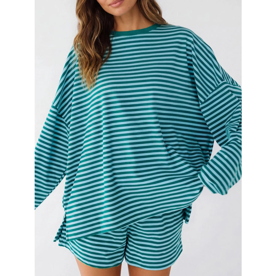 Casual Striped Long Sleeve Top and Shorts Set Apparel and Accessories