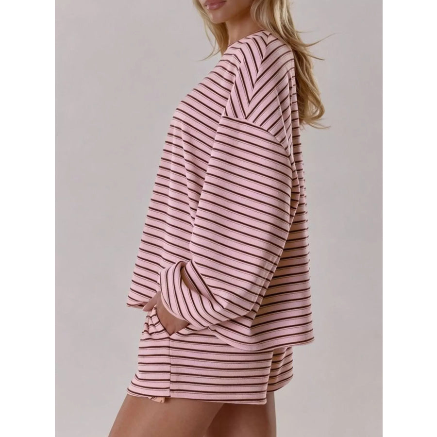 Casual Striped Long-Sleeve Top and Shorts Set Apparel and Accessories