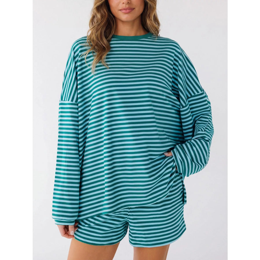 Casual Striped Long Sleeve Top and Shorts Set Apparel and Accessories